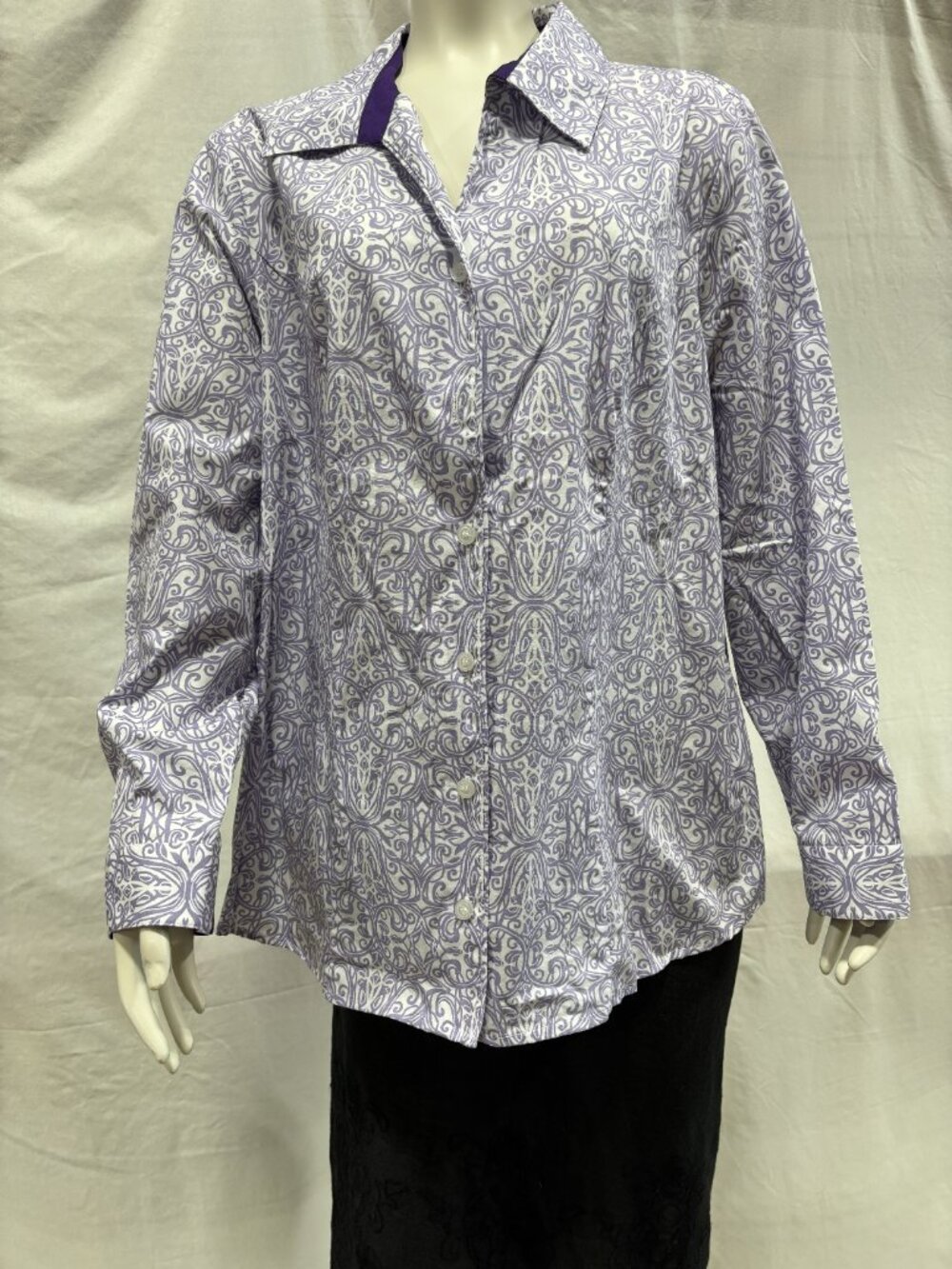 CJ Banks XL Lavender White Scroll Print Button Front Blouse 100% Cotton